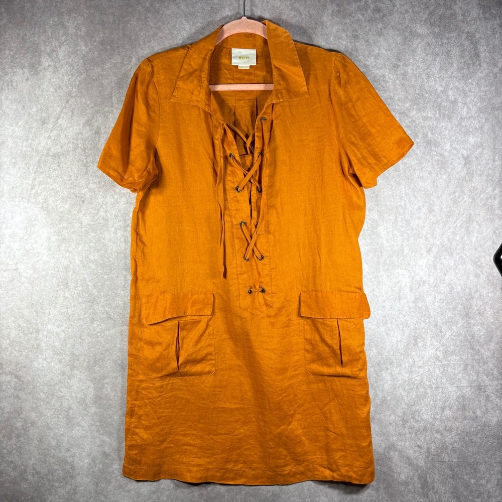 Anthropologie Maeve Dress 10 Orange Linen Lace Up Shift Cargo Pocket Safari Boho